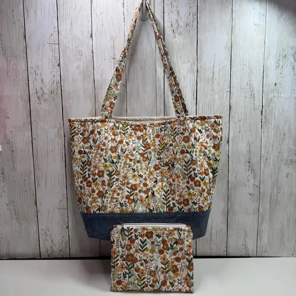 Quilted Floral Garden Tote Bag Denim Accent : Matching Zipper Pouch Included